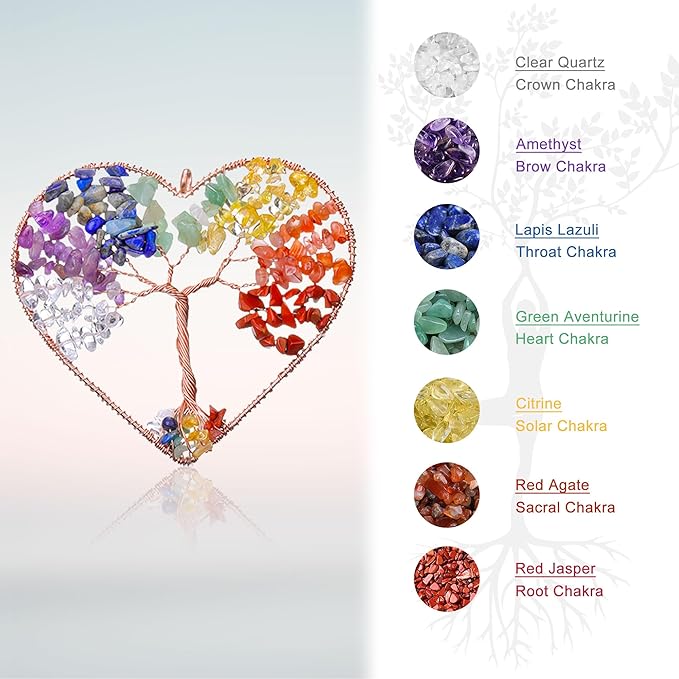 Yoption Heart Wind Chimes with Crystal Tree of Life Agate Slice for Home Wall Decor, 7 Chakra Natural Crystal Windchimes for Home Garden Decorative Ornament, Unique Gift