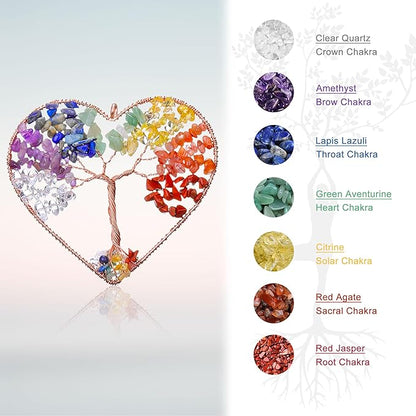 Yoption Heart Wind Chimes with Crystal Tree of Life Agate Slice for Home Wall Decor, 7 Chakra Natural Crystal Windchimes for Home Garden Decorative Ornament, Unique Gift