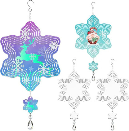 4Pack 8inch Sublimation Wind Spinner Blanks 3D Aluminum Metal Wind Sculpture Kinetic Spinners for Yard and Garden Indoor Art Sublimation Christmas Ornament Hanging Decoration (Snowflake)