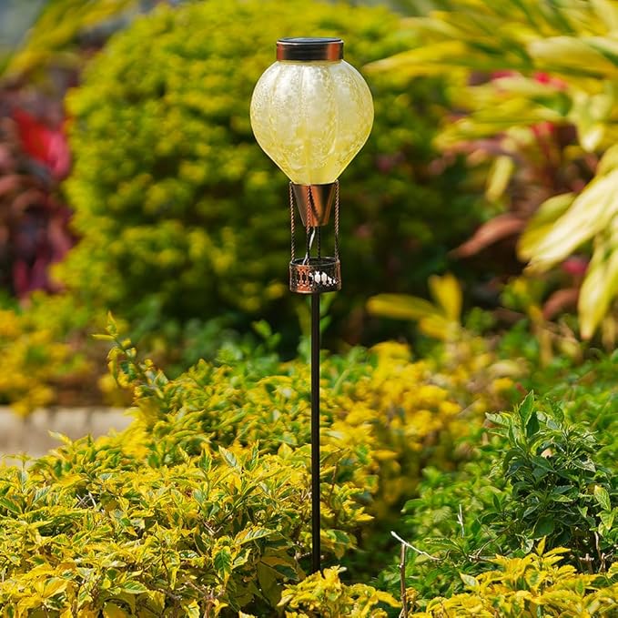 Outdoor Solar Lights Waterproof with Hot Air Balloon, Flickering Flame Solar Garden Light Glass Landscape Lamp, Stake Lights Outside Decor for Pathway Walkway Yard Patio