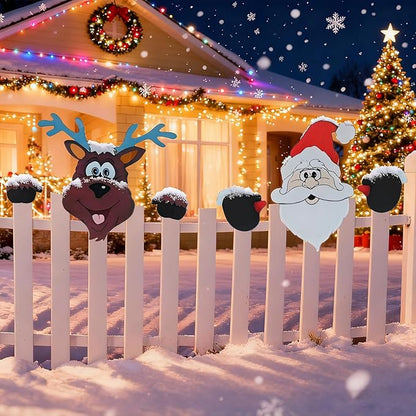 HUYIENO 2pcs Christmas Metal Fence Peeker Decoration Santa & Reindeer Fence Yard Sign Cute Outdoor Christmas Decor for Yards, Patios, Lawn, Pathway, Parking Holiday Decor Art Ornament