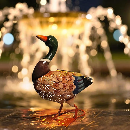 HONGLAND Solar Mallard Duck Outdoor Sculpture, 16" Metal Duck Garden Animal Statue with Lights for Outdoor Patio, Backyard, Lawn, Home Kitchen Decoration