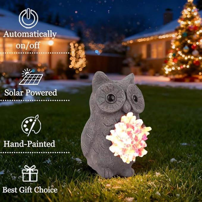 Solar Owl Light Statue Light Resin Figurine with Purple Stone Cluster & Solar Lamp, Indoor Outdoor Amethyst Crystal Home Decor, Spiritual Ornament for Crystal Enthusiasts & Garden Aesthetic Lovers