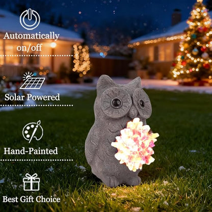 Solar Owl Light Statue Light Resin Figurine with Purple Stone Cluster & Solar Lamp, Indoor Outdoor Amethyst Crystal Home Decor, Spiritual Ornament for Crystal Enthusiasts & Garden Aesthetic Lovers
