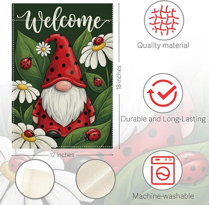 Welocome Spring Summer Seven Spotted Ladybug Gnome Garden Flag Daisy Flowers Spring Garden Flag Decor Summer Double Sided House Flag for Outside Yard Decorations 12×18 Inch