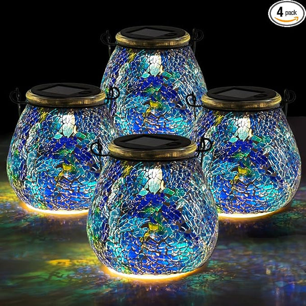 Stargarden 4 Pack Mosaic Solar Lantern ,Outdoor Hanging Waterproof Mosaic Light Solar Table Lamp for Garden ,Patio,Yard Decor (Blue )