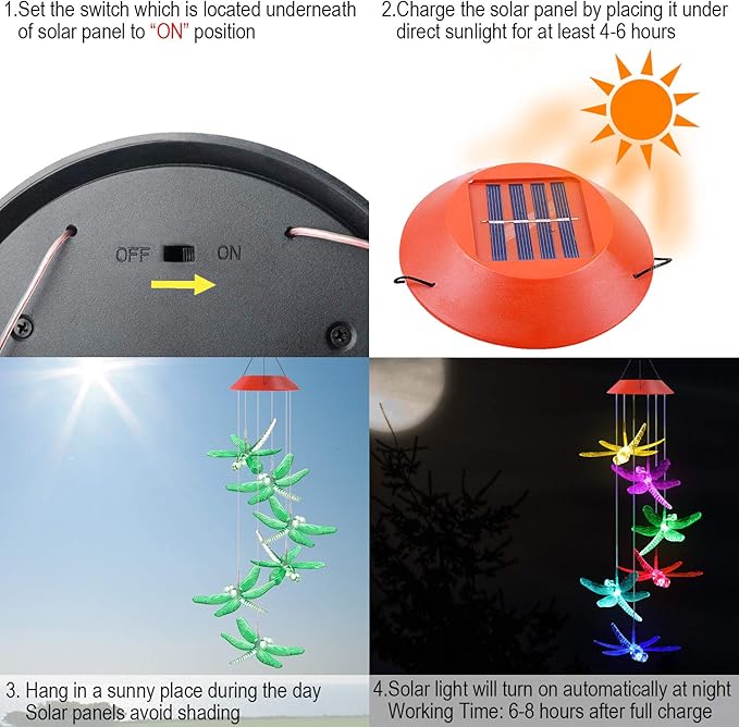 Solawindchime Dragonfly Wind Chimes Gifts for Women, Color Changing Solar Wind Chime Outdoor Decor, Waterproof Solar Lights, Romantic Dragonfly Wind Bells, Solar Powered Wind Chime Garden Decoration