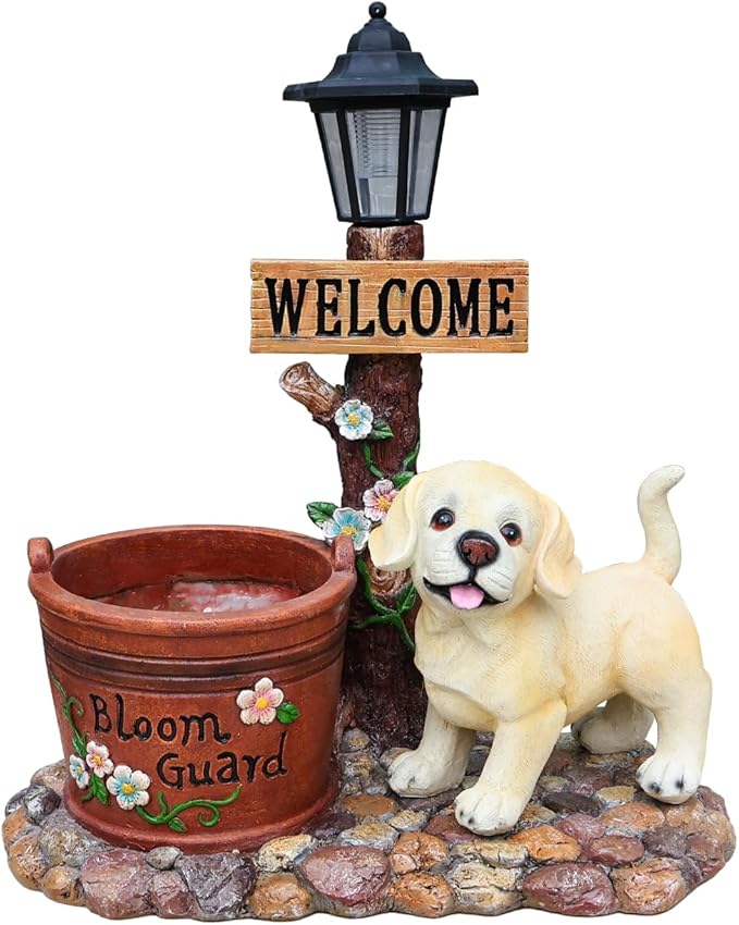 Solar Light Animal Outdoor Statue Planter with Welcome Sign, Resin Garden Sculpture Flower Pot for Patio Lawn Porch Yard Courtyard Decor, Weather-Resistant Decorative Figurine Accent (G)