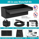 All-in-1 Pond Waterfall Kit with LED Lights, 8 inch Stainless Steel Spillway with 600GPH Water Pump, Outdoor Waterfall Fountain for Water Feature, Garden, Backyard, Pool