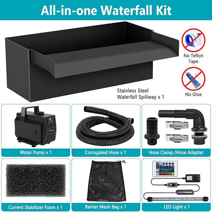All-in-1 Pond Waterfall Kit with LED Lights, 8 inch Stainless Steel Spillway with 600GPH Water Pump, Outdoor Waterfall Fountain for Water Feature, Garden, Backyard, Pool