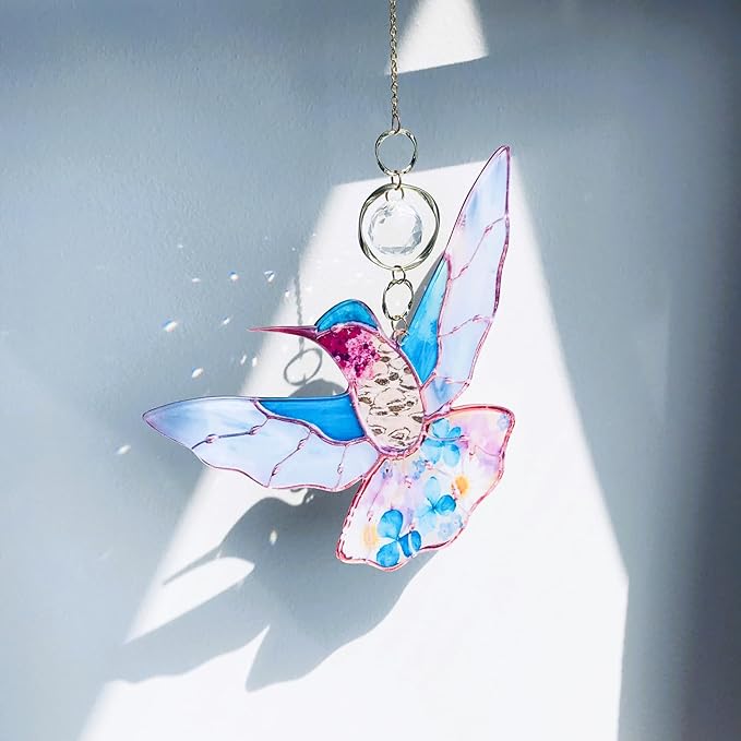 Blue Acrylic Hummingbird Flowers Garden Suncatcher Window Hanging Crystal Prism Rainbow Maker Sun Catcher Ornaments Birthday Christmas Thanksgiving Gifts for Mom Grandma Sister Bird Lovers