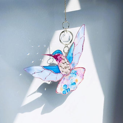 Blue Acrylic Hummingbird Flowers Garden Suncatcher Window Hanging Crystal Prism Rainbow Maker Sun Catcher Ornaments Birthday Christmas Thanksgiving Gifts for Mom Grandma Sister Bird Lovers