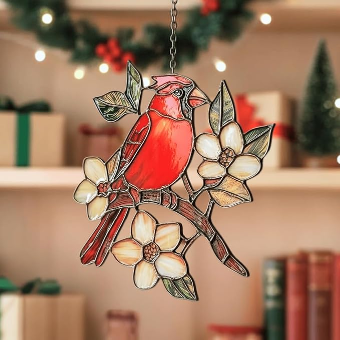 Cardinal Handmade Resin Suncatchers, Artisan Boho Sun Catcher Stained Glass Effect Memorial Window Hanging Garden Decor, Gift for Mother's Day Mom Grandma Wife Women