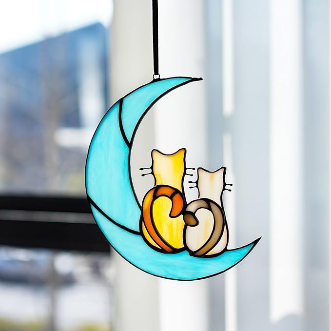 HDCRYSTALGIFTS 6.5'' Valentine’s Day Gift, Cat Lovers Stained Glass Window Hanging Sun Catcher Gifts for Women/Girls, Glass Couple Cat Sitting on Moon Suncatcher for Window, Wall Home Decor