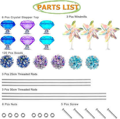 148 PCS Beaded Garden Stakes Kit, DIY Fairy Wand Garden Stake Beads Kits with Assortment Large Hole Beads 6 Crystal Stopper Top Threaded Rods and 3 Colored Small Windmills for Outdoor Indoor Decor