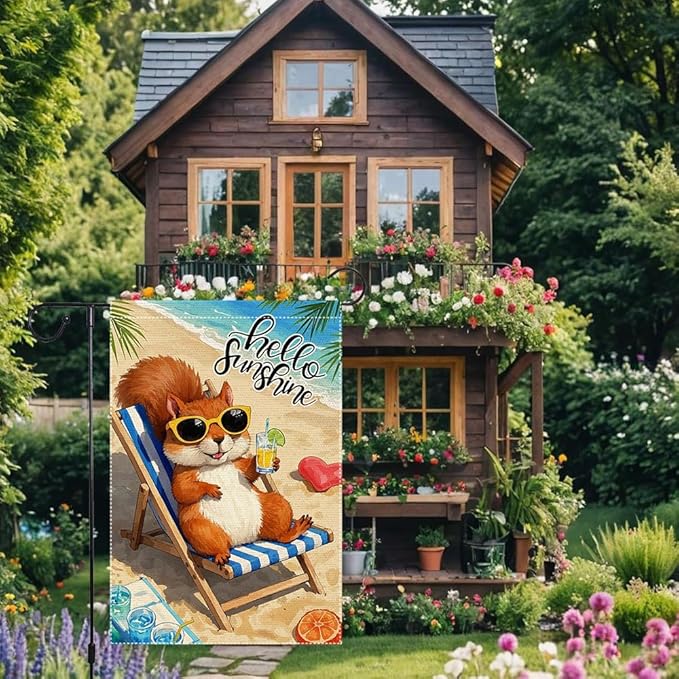 Little Squirrel Garden Flag Summer Garden Flags Beach Wooden Chair Sun Umbrella Enjoy A Holiday Garden Flags 12x18 Inch Double Sided Small Burlap Outside Decorations