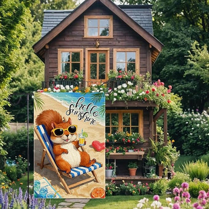 Little Squirrel Garden Flag Summer Garden Flags Beach Wooden Chair Sun Umbrella Enjoy A Holiday Garden Flags 12x18 Inch Double Sided Small Burlap Outside Decorations