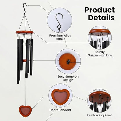 Memorial Wind Chime with Heart Locket Photo, Sympathy Gift for Loss of Loved One, Remembrance Aluminum Tube Wind Chime for Garden Outdoor, Metal Music Chimes for Home Decor
