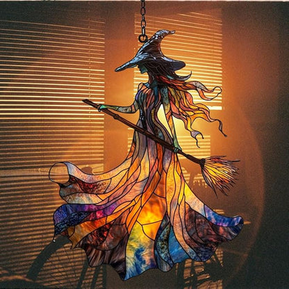 Halloween Witch Acrylic Suncatcher Stained Glass Effect Window Car Hanging Christmas Ornament Indoor Outdoor Decor Garden Sun Catcher Panel for Halloween Lover for Women Mom Grandma