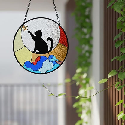 Black Cat Stained Glass Window Hanging Ornament, Cat Suncatcher Indoor Wall Art, Boho Cottagecore Moon Kitten Wall Hanging Decorations, Gifts for Cat Lovers, 5.9''