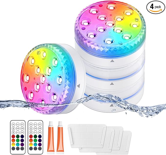 LOFTEK Submersible LED Lights with Remote, 13 LED Pool Lights for Inground Above Ground Pool, IP68 Waterproof 16 Color Changing Underwater Light for Ponds, Hot Tub, Bath, Battery Operated (4 Packs)