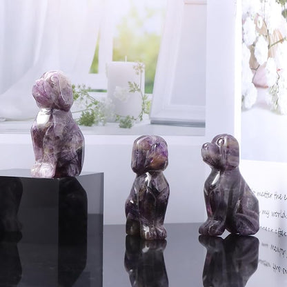 SMQ Amethyst Crystal Dog Statue Home Decor Polished 2" Carved Gemstone Puppy Sculpture Healing Statue Animal Carvings Figurines Gifts