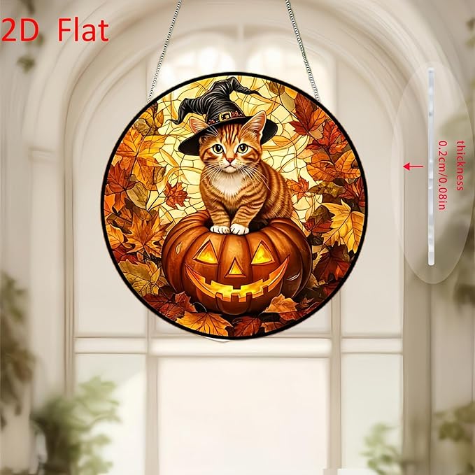 Halloween Sun Catcher for Window Hanging Pumpkin Cat Maple Leaves Acrylic Garden Fall Suncatcher Decor Colorfu Glass for Wall Home, Garden, Housewarming Women Neighbor Thanksgiving Decor Gifts7.87inch