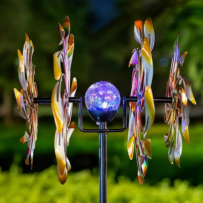 54" H Solar Wind Spinner Outdoor Metal Garden Decor - Kinetic Windmill Yard Art with Color-Changing LED Lights & Sparkling Gemstone - Waterproof Solar Pathway Lights for Lawn, Patio & Garden Gifts