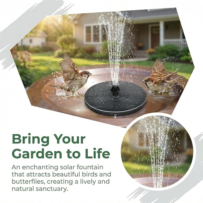 Compact Solar Bird Fountain Pump – Keep Your Garden Alive, Solar Fountain Pump for Bird Bath with 7 Spray Nozzles, Floating Fountain for Birds Bath Small Pond Garden Aquarium (7piece Nozzle Set)