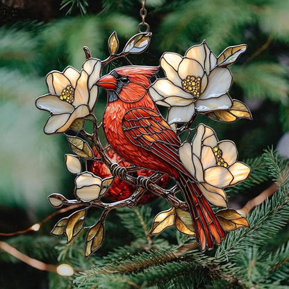 Vivid Cardinal Floral Tiffany Art Acrylic Suncatcher Stained Glass Effect Window Car Hanging Christmas Ornament Indoor Outdoor Decor Garden Sun Catcher Panel for Cardinal Lover for Women Mom Grandma