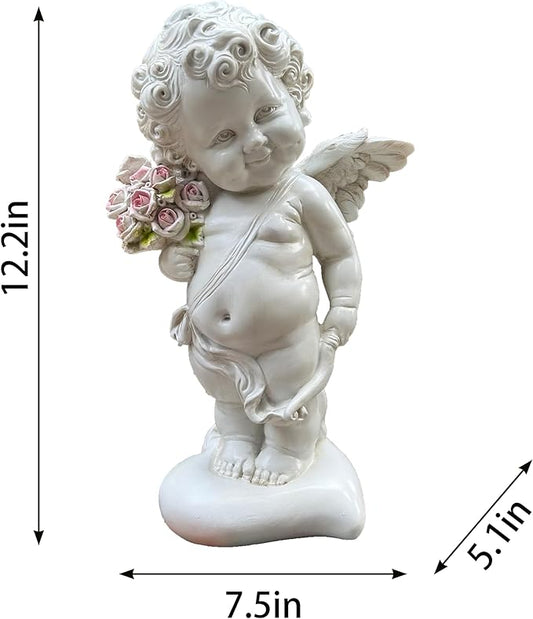 Garden Cupid Angel Statue with Pink Roses, White Cherub Figurine, Outdoor Indoor Decorative Sculpture
