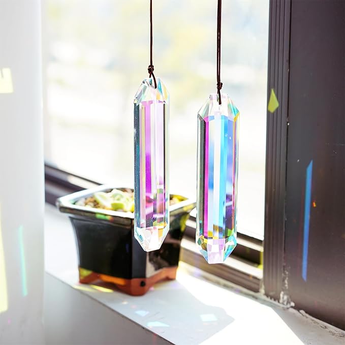HDCRYSTALGIFTS 2PCS 5" Large Crystal Sun Catcher Prisms for Windows, AB Colored Hexagone Hanging Crystal Suncatchers, Rainbow Glass Ornaments for Christmas Tree,Home,Garden