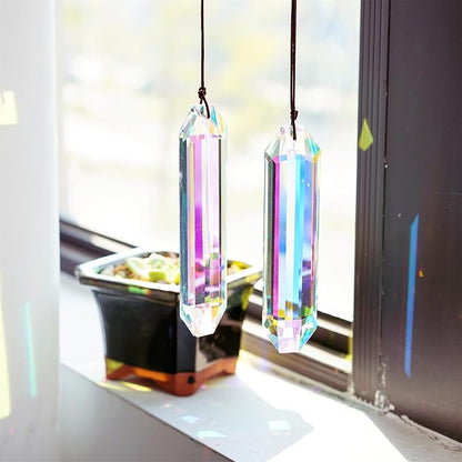 HDCRYSTALGIFTS 2PCS 5" Large Crystal Sun Catcher Prisms for Windows, AB Colored Hexagone Hanging Crystal Suncatchers, Rainbow Glass Ornaments for Christmas Tree,Home,Garden
