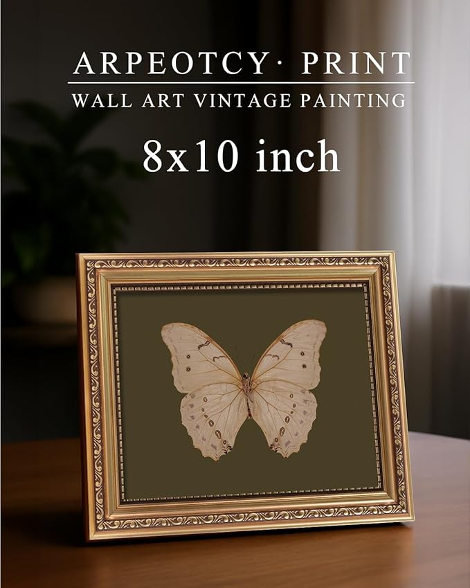 ARPEOTCY Vintage Gold Framed Wall Art, Classical White Butterfly Paintings, 8x10 inch Small Moody Green Canvas Prints with Antique Picture Frame, Victorian Wall Decor for Gallery Living Room Shelf