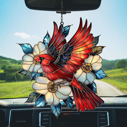 Flying Red Cardinal Acrylic Suncatcher Stained Glass Effect Window Car Hanging Christmas Ornament Indoor Outdoor Decor Garden Sun Catcher Panel for Cardinal Lover for Women Mom Grandma
