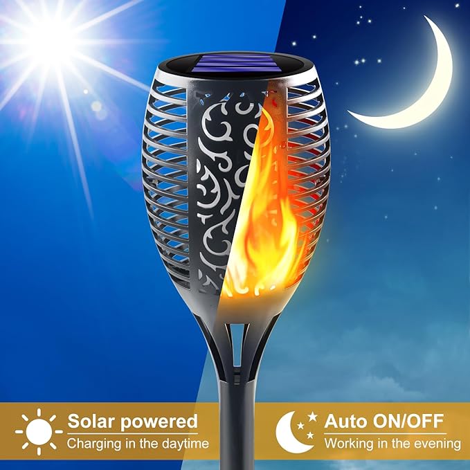 Solar Torch Light with Flickering Flame Outdoor Waterproof, Super Large Solar Tiki Torches, Landscape Decorative Lights for Yard, Garden, Pathway, Auto On/Off (1 Pack)