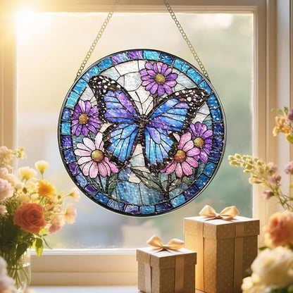 Stained Glass Suncatcher Window Hanging, 7.8 Inch Handmade Sunflower Garden suncatchers, Suncatcher Home Decor,Gift for Women, Mom, Grandma (Butterfly)