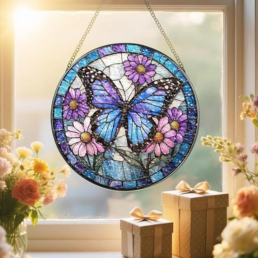 Stained Glass Suncatcher Window Hanging, 7.8 Inch Handmade Sunflower Garden suncatchers, Suncatcher Home Decor,Gift for Women, Mom, Grandma (Butterfly)