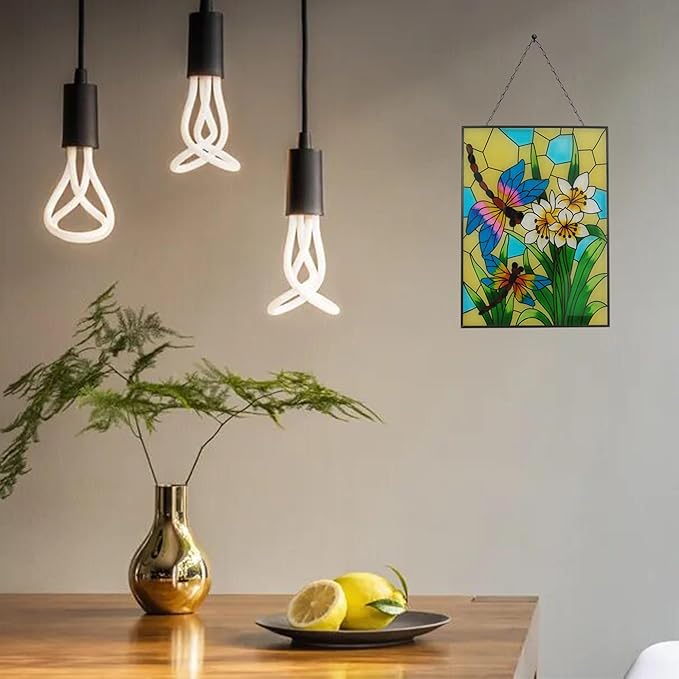 Stained Glass Window Hanging, Dragonfly Glass Art Decor, Sun Catchers Indoor Window, Valentine Rectangle Suncatchers for Windows Hanging, Stained Suncatcher for Room Balcony Garden Patio