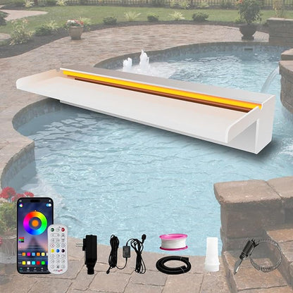Pamopamo Pond Waterfall Spillway, APP Control Multi-Color LED Light Outdoor Pool Fountain, Acrylic Water Spillway Koi Fountains Kit for Garden Patio Swimming Pool Decoration - 23.6"x7.8"x3.9"