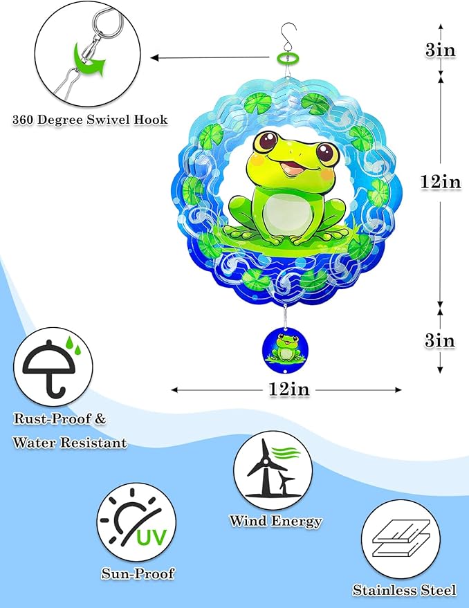 Frog Wind Spinners Outdoor Garden Decor for Outside - 12 Inch 3D Stainless Steel Metal Wind Spinners - Frog Gardening Gifts for Women, Yard Decorations Outdoor Hanging Decor