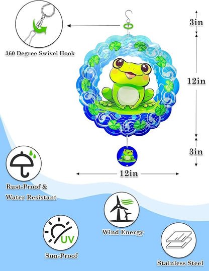 Frog Wind Spinners Outdoor Garden Decor for Outside - 12 Inch 3D Stainless Steel Metal Wind Spinners - Frog Gardening Gifts for Women, Yard Decorations Outdoor Hanging Decor