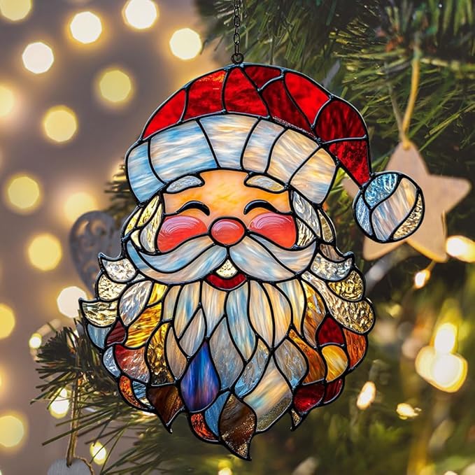 Santa Claus Acrylic Suncatcher Stained Glass Effect Window Car Hanging Christmas Ornament Indoor Outdoor Decor Garden Sun Catcher Panel for Christmas Lover for Women Mom Grandma