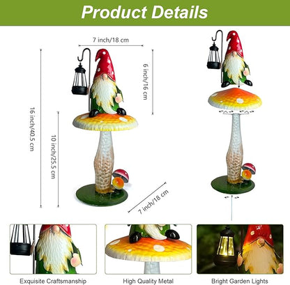 Solar Garden Gnomes Outdoor Statue, Waterproof Outdoor Mushroom Decor with Solar Lantern LED Lights for Yard, Patio, Lawn Ornaments, Valentines Day Gifts for Mom Women, Housewarming Gifts-16.5"