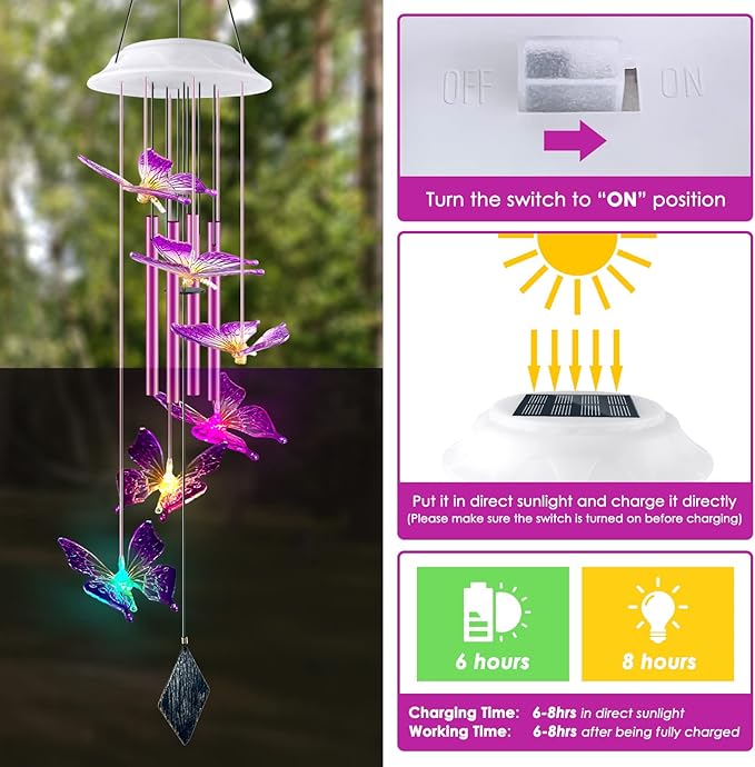Lightalent Solar Butterfly Wind Chimes, Gifts for Mom Women, Glowing Top Changing Colors LED Wind Chime for Outside with 4 Iron Tubes, Outdoor Decor Mobile for Garden Yard (Purple)