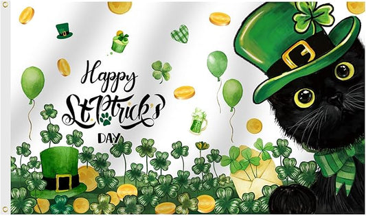 SENSEVEN St Patricks Day Black Cat Flags for Outside 3x5 Ft, Spring Shamrock Green Flag, Clover Spring Yard Flag Kitten Holiday Outdoor Banner for Farmhouse Decor, St Patrick's Day Party Supplies