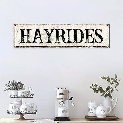 Madcolitote Retro Hay Rides Wood Sign Hay Rides Custom Street Sign Rustic Wooden Wall Art Farmhouse Wall Decor Kitchen Wall Hanger Retro Decoration Sign Housewarming Gift 6x24in