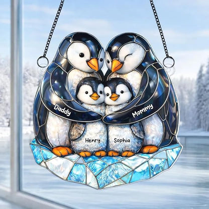Personalized Penguin Family Acrylic Sun Catcher Ornament Gift for Grandma Mom Dad Grandpa, Custom Kids Names Window Decor, Mothers Day Birthday Gifts for Mimi Nana Papa from Grandkids