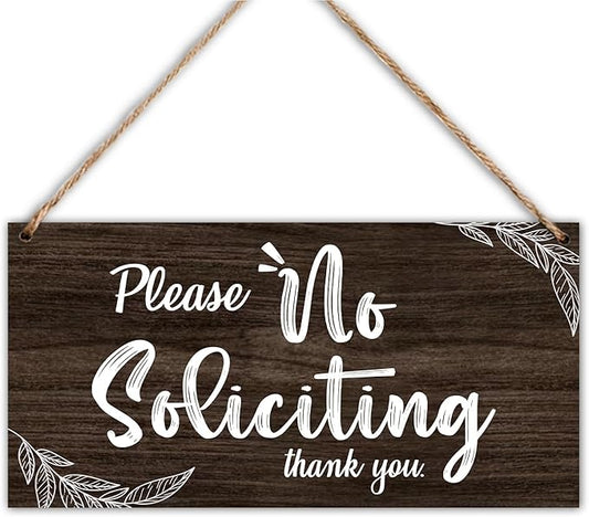YUEXLL Rustic Please No Soliciting Plaque, 10" x 5" Wood Hanging Sign for Porch, Yard, Garden, Home, Farmhouse, Outdoor-04