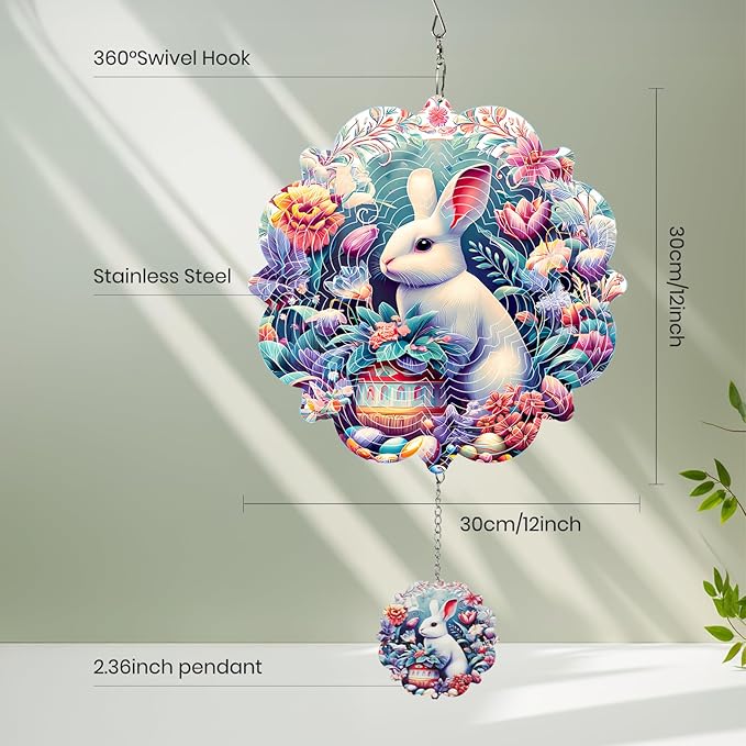 Wind Spinners Outdoor Easter Bunny and Eggs, 12 inch Stainless Steel Hanging Kinetic for Yard, Garden, Patio, Outdoor - Wind Spinners Craft Decor Birthday Gifts for Women, Men, Mom and Lovers